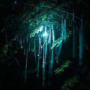 Close up of a cluster of glow worms in a cave